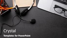  Presentation with remote work - Slides featuring office-desk-with-headset background and a dark gray colored foreground