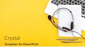  Presentation with remote work - PPT theme with office-desk-with-headset background and a light gray colored foreground