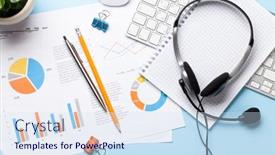  Presentation with remote work - Cool new slide deck with office-desk-with-headset backdrop and a sky blue colored foreground