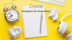  Presentation with alarm - PPT theme having office-desk-with-supplies-alarm background and a blonde colored foreground