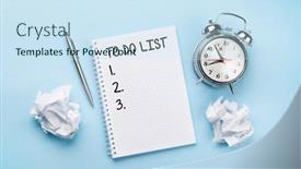  Presentation with alarm - Amazing presentation design having office-desk-with-supplies-alarm backdrop and a sky blue colored foreground