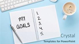  Presentation with work goals - PPT layouts enhanced with office-desk-with-supplies-coffee background and a sky blue colored foreground