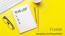  Presentation with notepad - Slide set enhanced with office-desk-with-supplies-coffee background and a yellow colored foreground