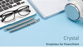  Presentation with remote work - Audience pleasing presentation consisting of office-desk-with-supplies-glasses backdrop and a sky blue colored foreground