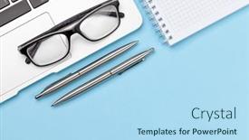  Presentation with remote work - Colorful presentation enhanced with office-desk-with-supplies-glasses backdrop and a light blue colored foreground