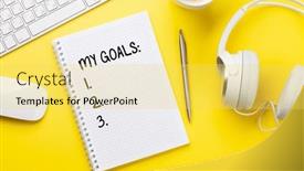  Presentation with work goals - Beautiful PPT layouts featuring office-desk-with-supplies-headphones backdrop and a yellow colored foreground
