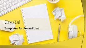  Presentation with headphones - Cool new slide set with office-desk-with-supplies-headphones backdrop and a yellow colored foreground