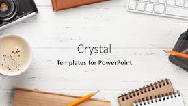  Presentation with camera - Presentation design featuring office-desk-with-supplies-photo background and a white colored foreground
