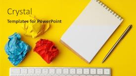  Presentation with yellow color - Presentation design enhanced with office-desk-workspace-on-bright background and a  colored foreground