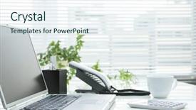  Presentation with clean - PPT layouts consisting of office desk background and a sky blue colored foreground