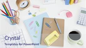  Presentation with office desk reception - Slides enhanced with note paper colored pencils - office desk background and a sky blue colored foreground