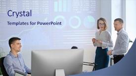  Presentation with forex - Colorful presentation theme enhanced with office employees giving presentation backdrop and a sky blue colored foreground