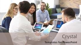  Presentation with trading - Cool new theme with office employees having meeting in conference room finance trading backdrop and a mint green colored foreground