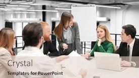  Presentation with office room - Presentation design consisting of office employees having meeting in conference room background and a lemonade colored foreground