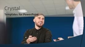  Presentation with trading - PPT theme with office-employees-having-meeting background and a light gray colored foreground