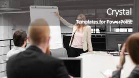  Presentation with office room - Colorful theme enhanced with office employees having meeting backdrop and a dark gray colored foreground