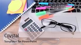  Presentation with laptop - Theme with office equipe - laptop with stationery on table background and a  colored foreground