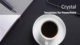  Presentation with equipment - PPT theme featuring office-equipment-on-the-table background and a dark gray colored foreground