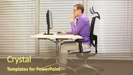  Presentation with 3d man sitting question mark - Slide deck with office ergonomics - correct sitting position at workstation background and a violet colored foreground