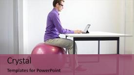  Presentation with tablet - PPT theme enhanced with office ergonomics - man on stability ball working background and a violet colored foreground