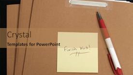  Presentation with done - PPT theme with office-files-on-desk background and a coral colored foreground