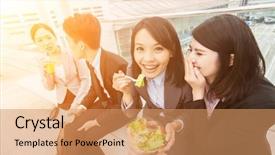  Presentation with team group yellow - Presentation with office food - group of asian business team background and a coral colored foreground