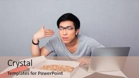  Presentation with asian nurse helps a man - Amazing presentation theme having office food - young hungry asian man sitting backdrop and a  colored foreground