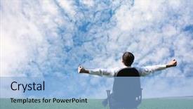  Presentation with office chair - Amazing presentation theme having office furniture - man with raised hands sitting backdrop and a light blue colored foreground