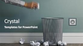  Presentation with garbage patch - PPT theme featuring worthless - office garbage near metal basket background and a dark gray colored foreground