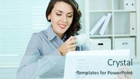  Presentation with office newspaper - Audience pleasing theme consisting of office girl reading newspaper and smiling reading good news backdrop and a cool aqua colored foreground