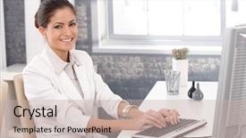  Presentation with desk - Slide deck featuring office girl sitting at desk background and a soft green colored foreground