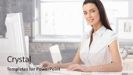  Presentation with office - Colorful PPT theme enhanced with office girl sitting at desk backdrop and a soft green colored foreground