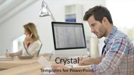  Presentation with front desk - PPT theme having office in front of desk background and a coral colored foreground