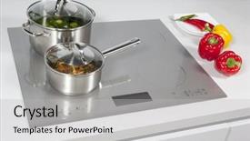  Presentation with electro magnetic induction - Audience pleasing presentation consisting of office inauguration - grey glass induction hob backdrop and a light gray colored foreground