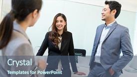  Presentation with five business people standing together and smiling - Audience pleasing slide set consisting of office interior project management - business people discuss together backdrop and a ocean colored foreground