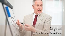  Presentation with data meeting - Slides with office interior project management - businessman showing data background and a coral colored foreground