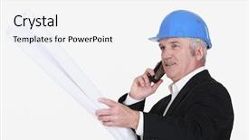  Presentation with health insurance plans - Beautiful presentation featuring office interior project management - grey-haired architect with plans backdrop and a  colored foreground