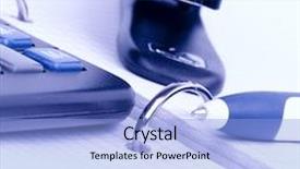  Presentation with business calculator - Presentation theme enhanced with office item - business organizer pen calculator and stapler background and a light blue colored foreground