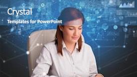  Presentation with monthly report sales in statistics - PPT theme with office making report and statistics background and a teal colored foreground