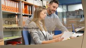  Presentation with giving - Presentation design with office-manager-giving-instructions background and a coral colored foreground