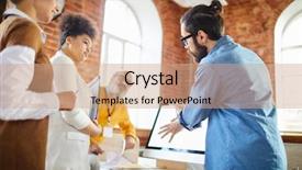  Presentation with project manager meeting - Slides featuring office manager idea or explanation background and a coral colored foreground