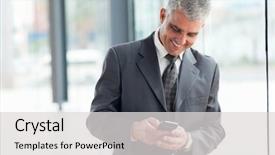  Presentation with cheerful stylish city girl using - Theme having office mobilphone white man - cheerful mid age businessman using background and a light gray colored foreground