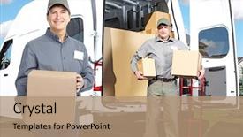  Presentation with small group working - PPT theme with office move - group of professional post workers background and a coral colored foreground