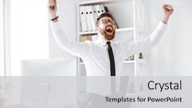  Presentation with winner - Slide set enhanced with office near computer make winner background and a light gray colored foreground