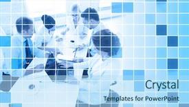  Presentation with blue and orange business people - Cool new slide deck with office over blue squared grid backdrop and a light blue colored foreground