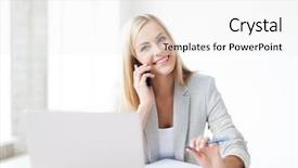  Presentation with taking notes - Beautiful PPT theme featuring office document - businesswoman talking on the phone backdrop and a white colored foreground