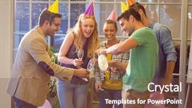  Presentation with birthday - Slides consisting of office party - creative business people celebrating background and a tawny brown colored foreground
