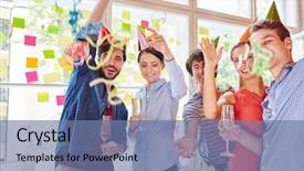  Presentation with team celebration - Audience pleasing slide set consisting of office party - students from start-up partying backdrop and a seafoam green colored foreground