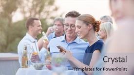  Presentation with business women - Slide set with office party or conference convention background and a light blue colored foreground