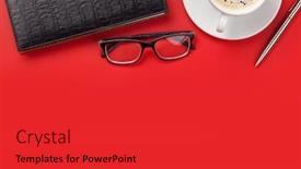  Presentation with goals - PPT theme featuring office red workplace backdrop with coffee cup and supplies flat lay top view with copy space for your goals background and a red colored foreground